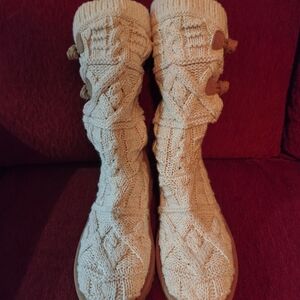 UGG W KALLA Crochet Knit Suede TREADLITE BOOTS BEIGE